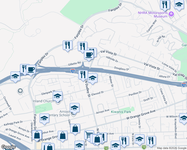 map of restaurants, bars, coffee shops, grocery stores, and more near 1573 Stratus Drive in Pomona