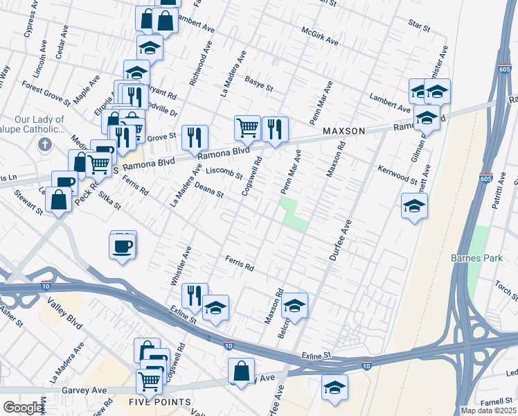 map of restaurants, bars, coffee shops, grocery stores, and more near 12037 1/2 Deana Street in El Monte