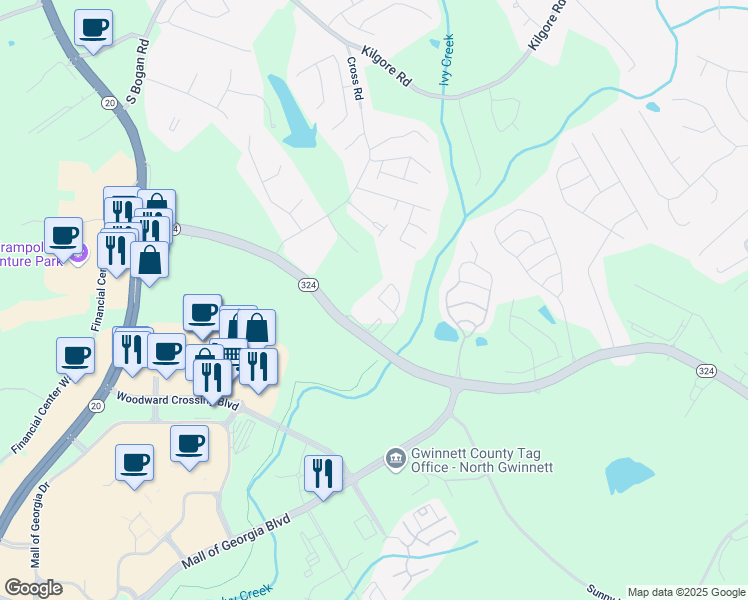 map of restaurants, bars, coffee shops, grocery stores, and more near 3194 Mill Springs Circle Northeast in Buford