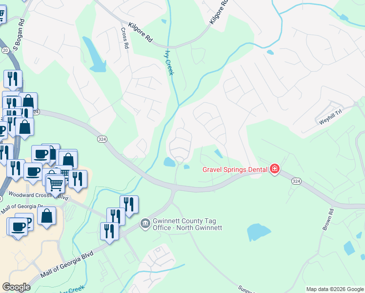 map of restaurants, bars, coffee shops, grocery stores, and more near 2115 Waterleaf Drive in Buford