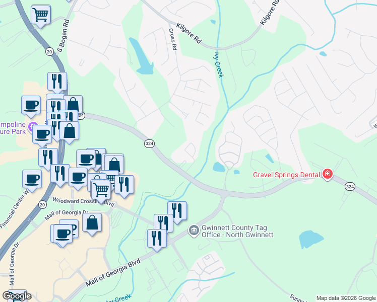 map of restaurants, bars, coffee shops, grocery stores, and more near 3189 Mill Springs Circle Northeast in Buford