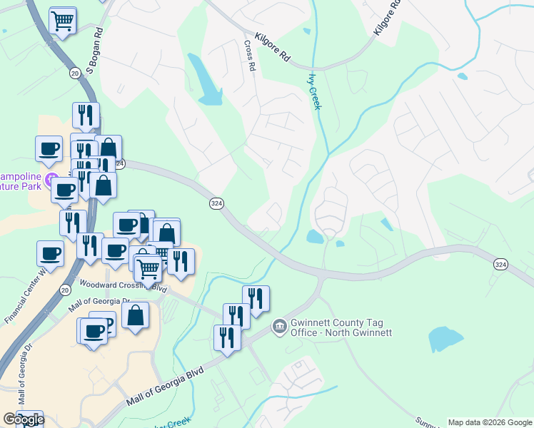 map of restaurants, bars, coffee shops, grocery stores, and more near Mill Springs Circle Northeast in Buford
