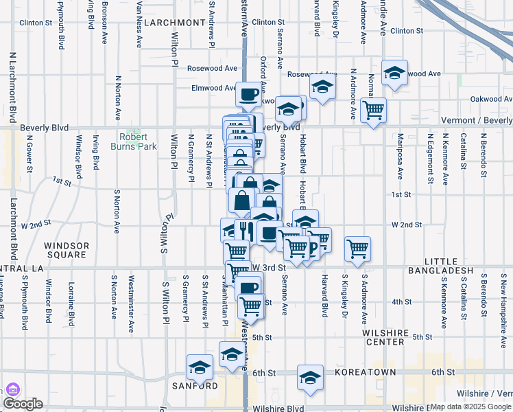 map of restaurants, bars, coffee shops, grocery stores, and more near 151 South Oxford Avenue in Los Angeles