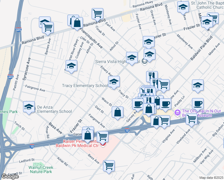 map of restaurants, bars, coffee shops, grocery stores, and more near 13350 Tracy Street in Baldwin Park