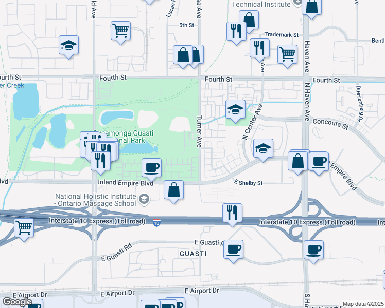 map of restaurants, bars, coffee shops, grocery stores, and more near 809 Turner Avenue in Ontario