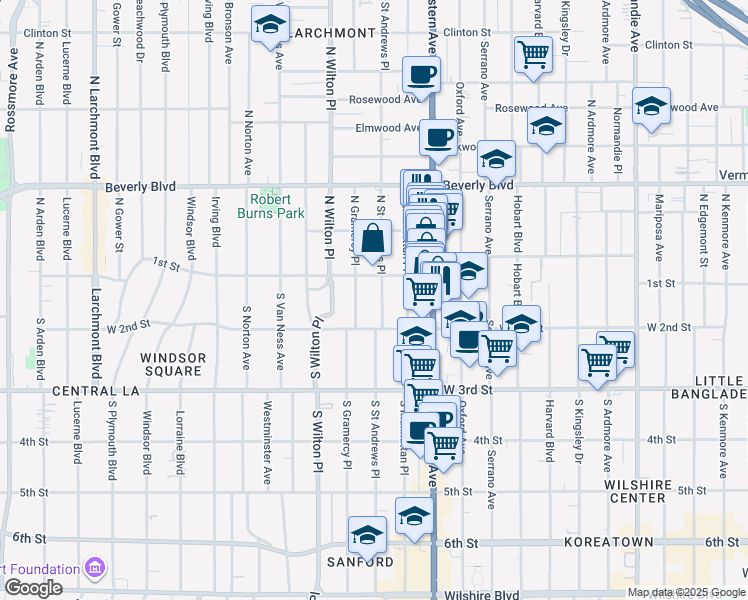 map of restaurants, bars, coffee shops, grocery stores, and more near 112 South Saint Andrews Place in Los Angeles