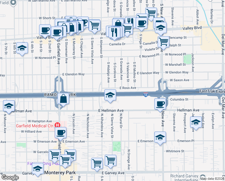 map of restaurants, bars, coffee shops, grocery stores, and more near 1837 South Hidalgo Avenue in Alhambra