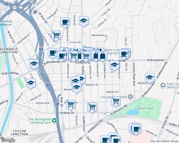 map of restaurants, bars, coffee shops, grocery stores, and more near 2309 Johnston Street in Los Angeles