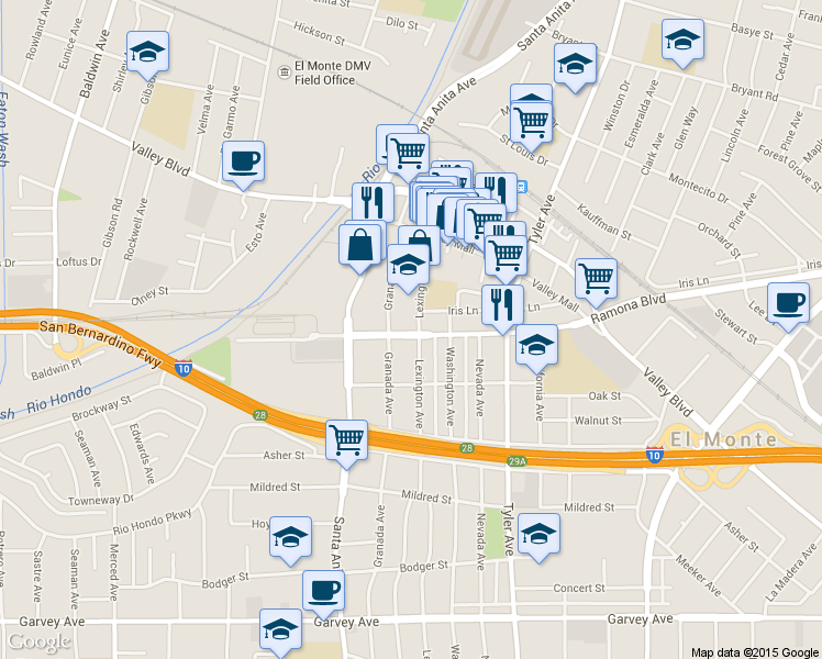 map of restaurants, bars, coffee shops, grocery stores, and more near 3503 Lexington Avenue in El Monte