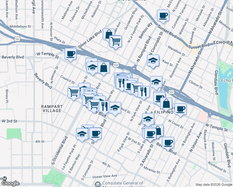 map of restaurants, bars, coffee shops, grocery stores, and more near in Los Angeles