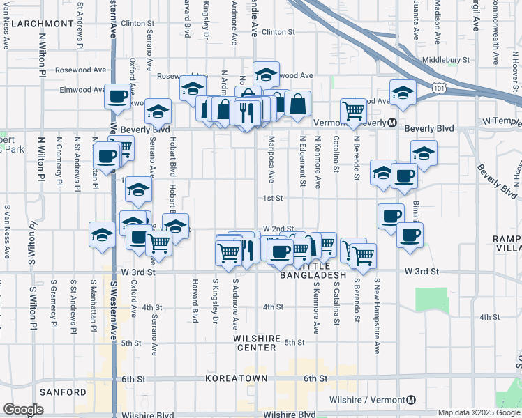 map of restaurants, bars, coffee shops, grocery stores, and more near 106 Normandie Avenue in Los Angeles