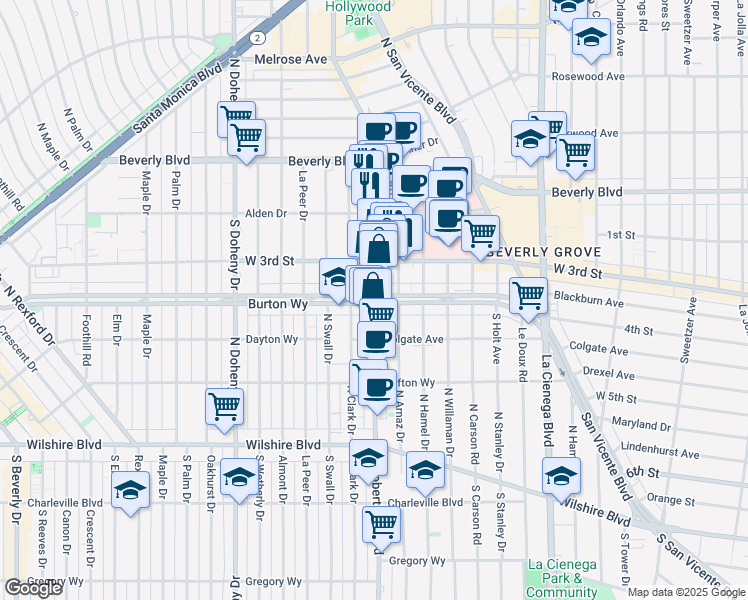 map of restaurants, bars, coffee shops, grocery stores, and more near Burton Way & S Robertson Blvd in Los Angeles