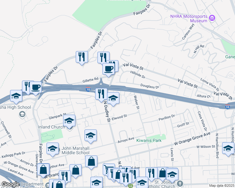 map of restaurants, bars, coffee shops, grocery stores, and more near 1446 Stratus Drive in Pomona