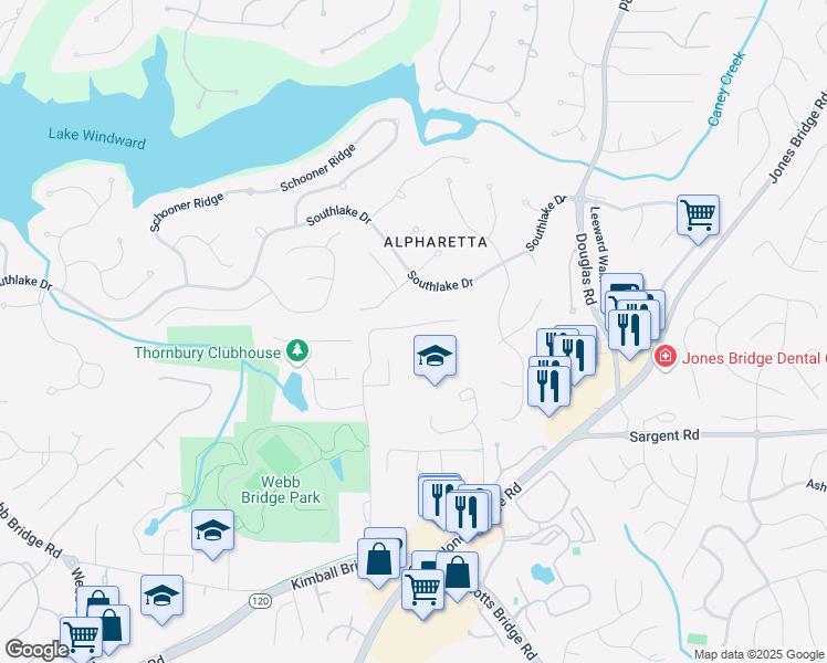 map of restaurants, bars, coffee shops, grocery stores, and more near 13055 Fox Road in Alpharetta