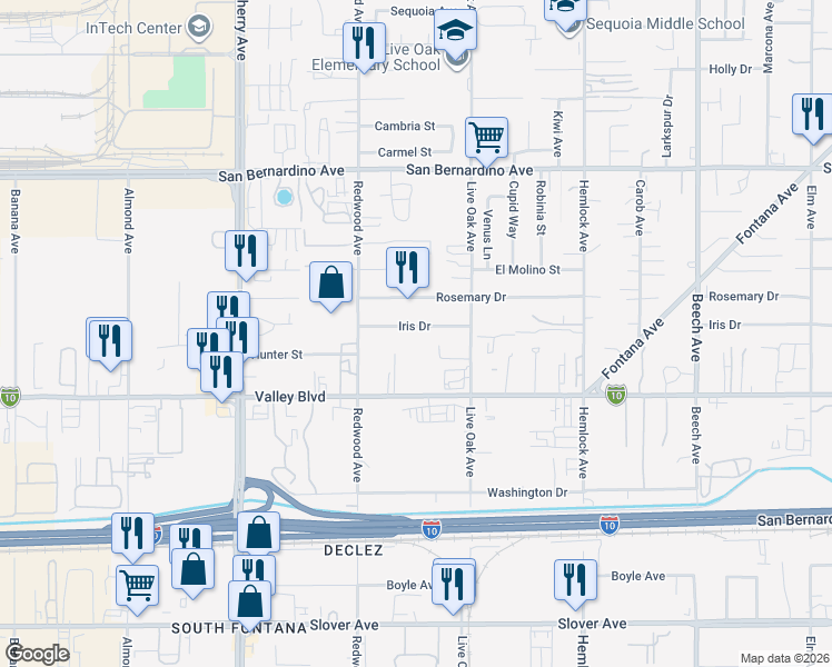 map of restaurants, bars, coffee shops, grocery stores, and more near 14828 Iris Drive in Fontana