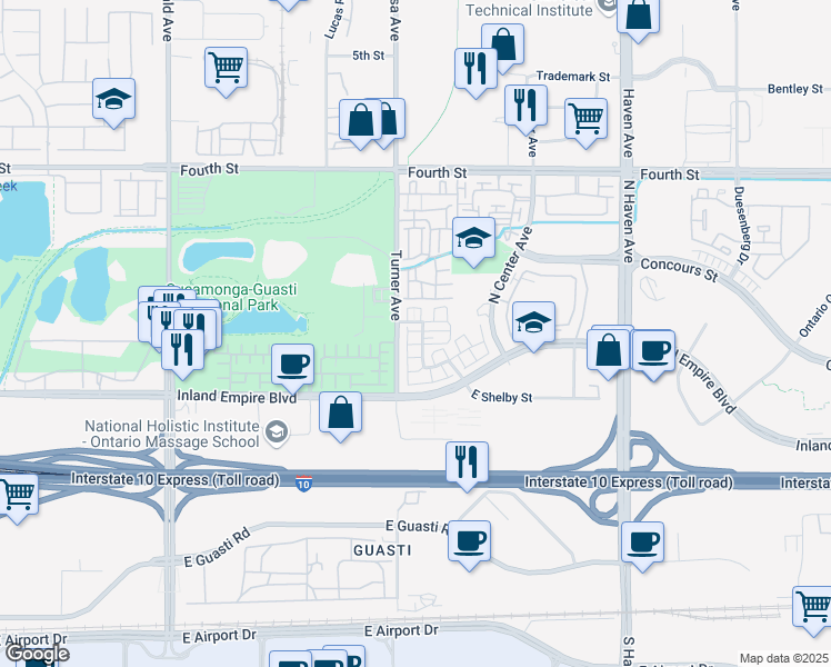 map of restaurants, bars, coffee shops, grocery stores, and more near 758 North Corvette Drive in Ontario