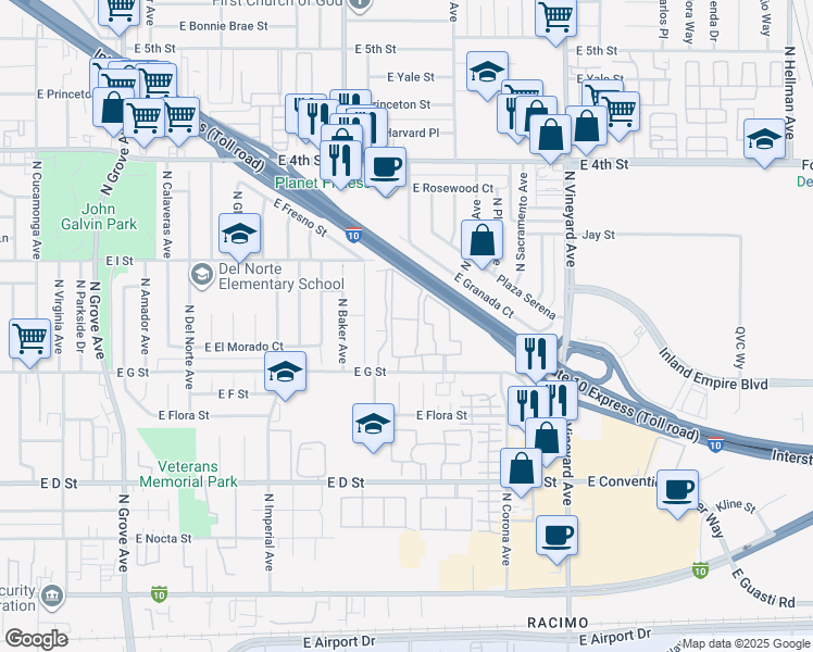 map of restaurants, bars, coffee shops, grocery stores, and more near 1649 East G Street in Ontario