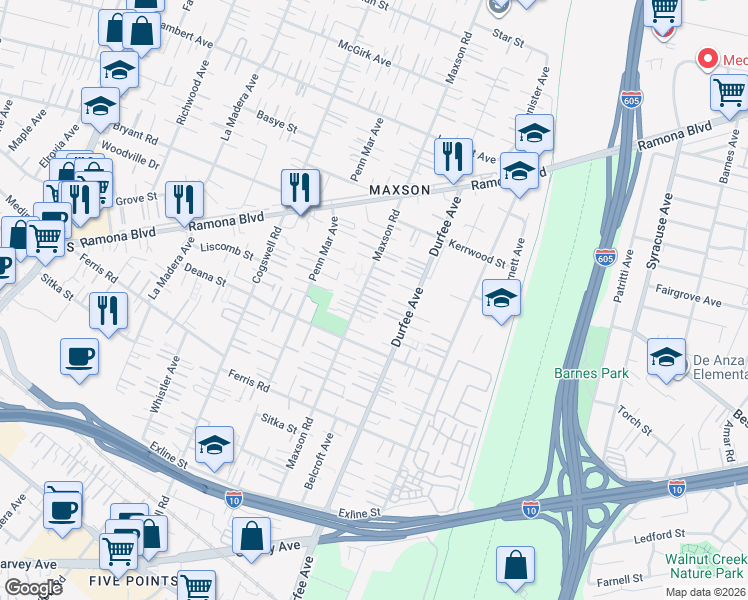 map of restaurants, bars, coffee shops, grocery stores, and more near 3909 Maxson Road in El Monte