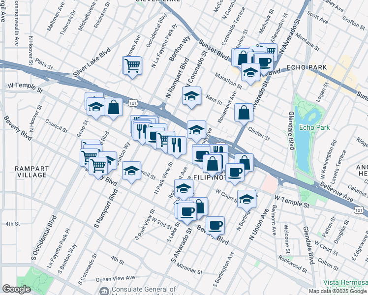map of restaurants, bars, coffee shops, grocery stores, and more near 439 Rosenell Terrace in Los Angeles