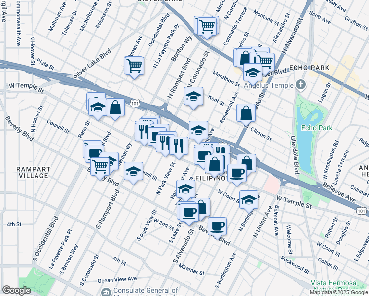 map of restaurants, bars, coffee shops, grocery stores, and more near 439 Rosenell Terrace in Los Angeles