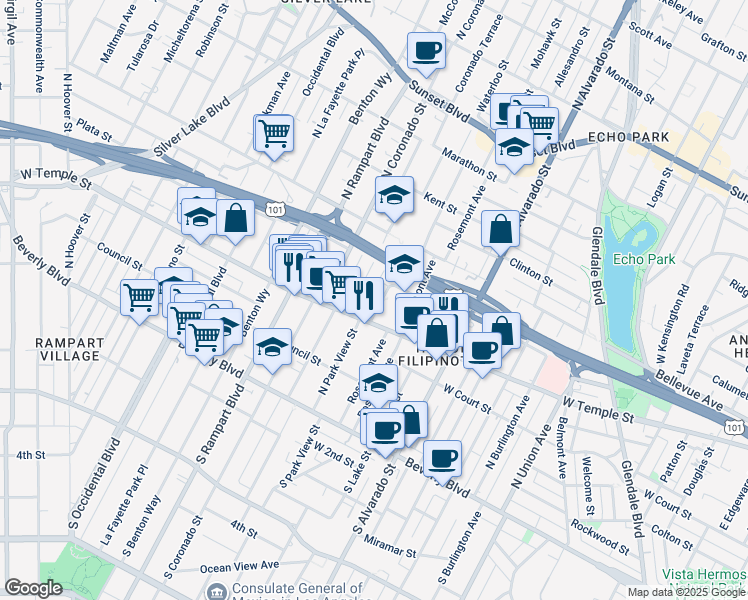 map of restaurants, bars, coffee shops, grocery stores, and more near 409 3/4 Coronado Terrace in Los Angeles