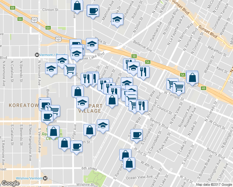 map of restaurants, bars, coffee shops, grocery stores, and more near 133 North Reno Street in Los Angeles