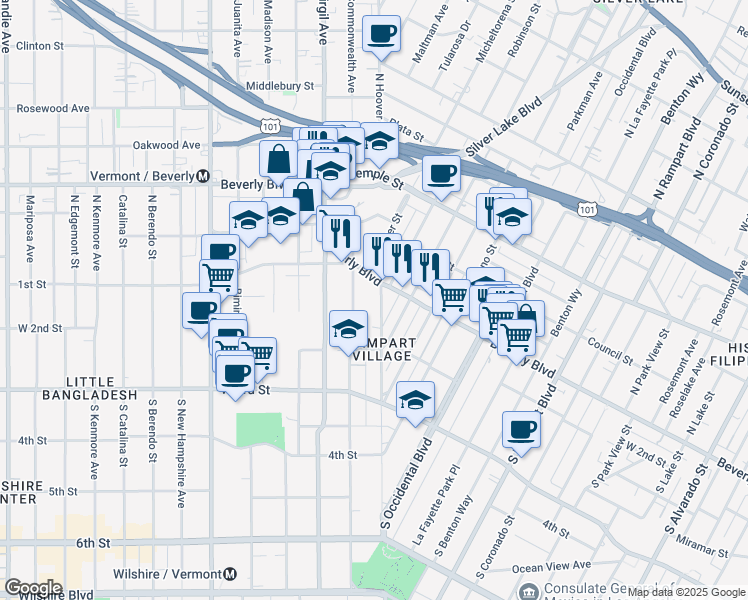 map of restaurants, bars, coffee shops, grocery stores, and more near 3224 Beverly Boulevard in Los Angeles