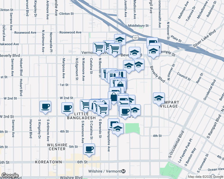 map of restaurants, bars, coffee shops, grocery stores, and more near 3701 West 1st Street in Los Angeles