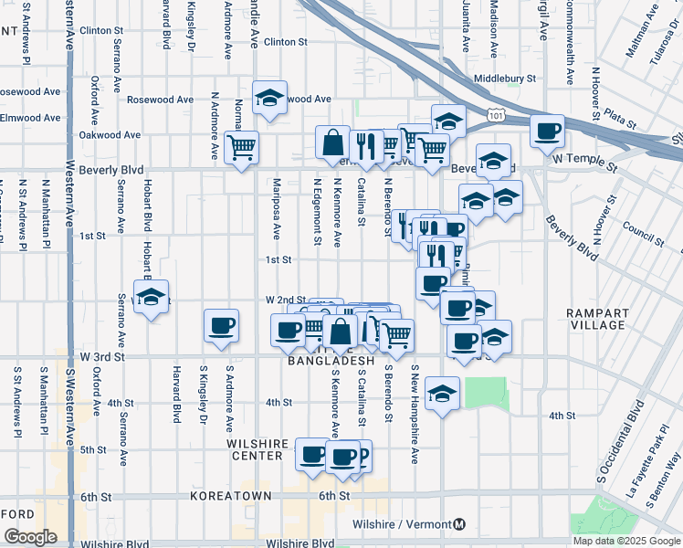 map of restaurants, bars, coffee shops, grocery stores, and more near 103 South Catalina Street in Los Angeles