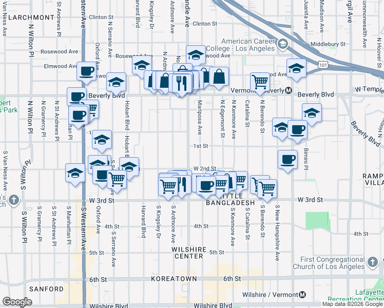 map of restaurants, bars, coffee shops, grocery stores, and more near 106 Normandie Avenue in Los Angeles