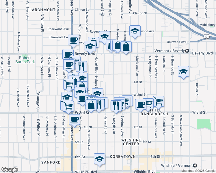 map of restaurants, bars, coffee shops, grocery stores, and more near 139 South Kingsley Drive in Los Angeles