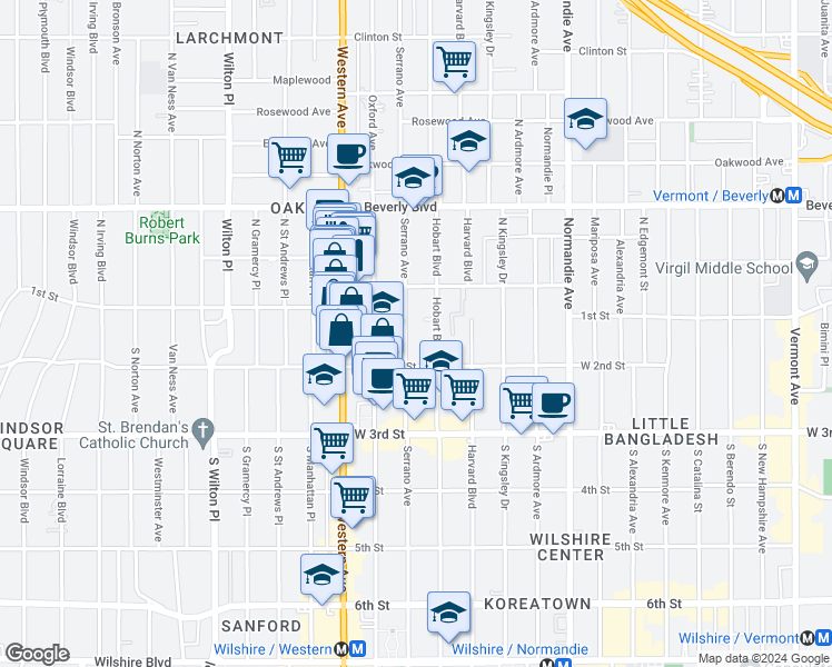 map of restaurants, bars, coffee shops, grocery stores, and more near 138 South Serrano Avenue in Los Angeles