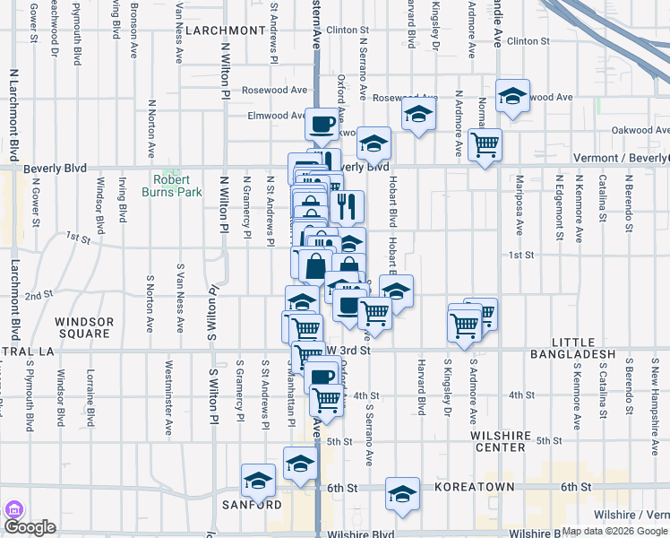 map of restaurants, bars, coffee shops, grocery stores, and more near 137 South Oxford Avenue in Los Angeles