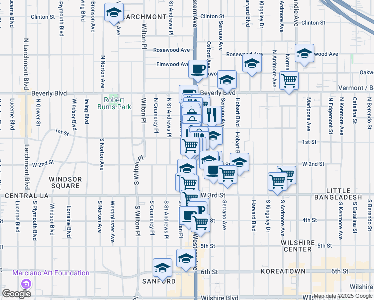 map of restaurants, bars, coffee shops, grocery stores, and more near 117 South Western Avenue in Los Angeles