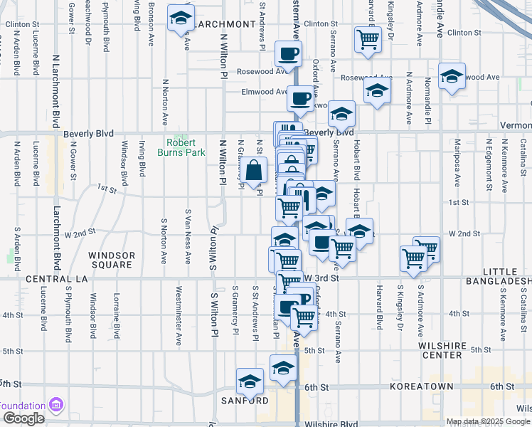 map of restaurants, bars, coffee shops, grocery stores, and more near 112 South Saint Andrews Place in Los Angeles