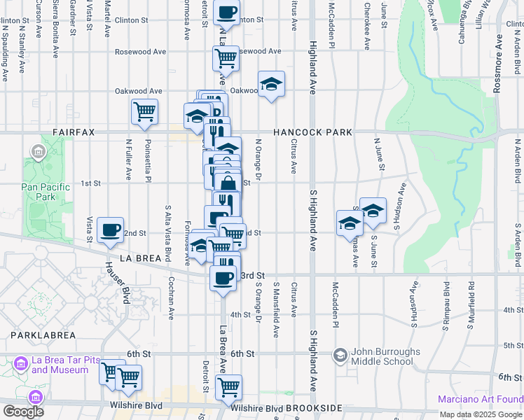 map of restaurants, bars, coffee shops, grocery stores, and more near 135 South Mansfield Avenue in Los Angeles