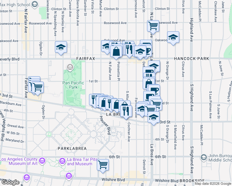 map of restaurants, bars, coffee shops, grocery stores, and more near 130 South Poinsettia Place in Los Angeles