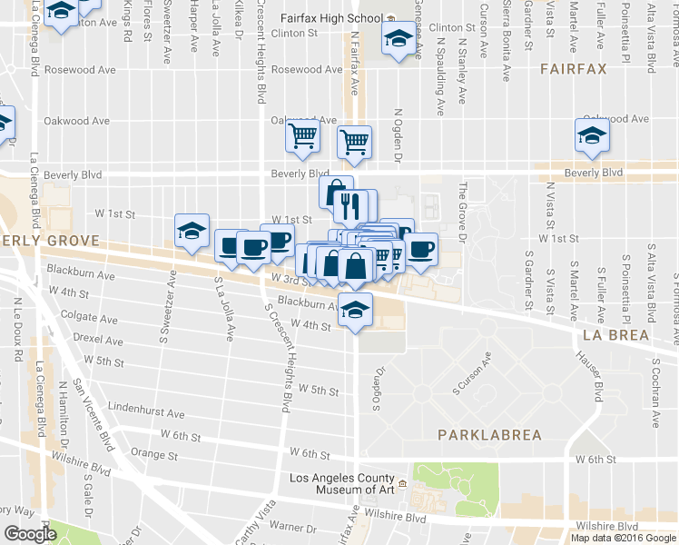 map of restaurants, bars, coffee shops, grocery stores, and more near 156 South Hayworth Avenue in Los Angeles