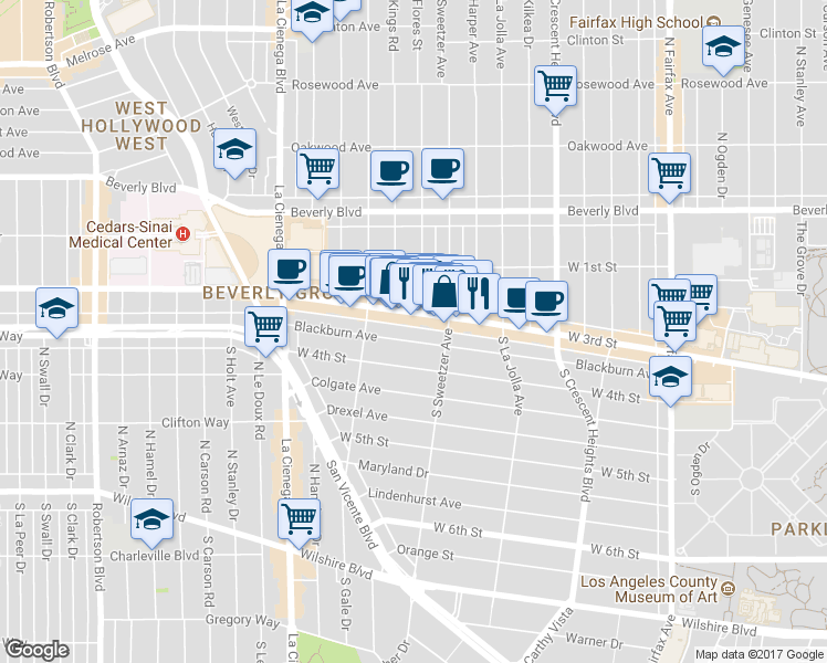 map of restaurants, bars, coffee shops, grocery stores, and more near 8330 West 3rd Street in Los Angeles