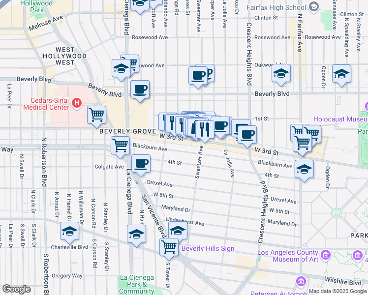 map of restaurants, bars, coffee shops, grocery stores, and more near 8330 West 3rd Street in Los Angeles