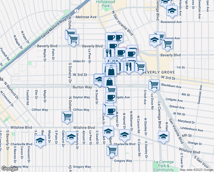 map of restaurants, bars, coffee shops, grocery stores, and more near in Beverly Hills