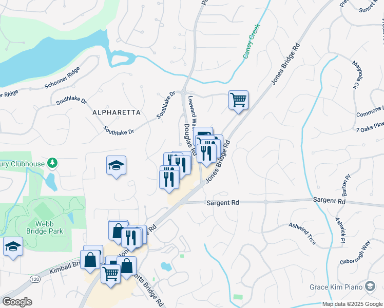 map of restaurants, bars, coffee shops, grocery stores, and more near 5260 Cresslyn Ridge in Alpharetta