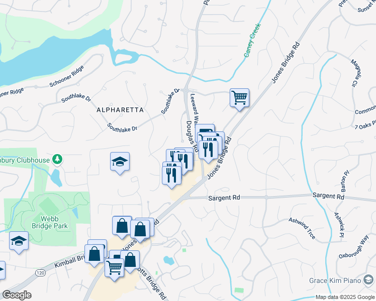 map of restaurants, bars, coffee shops, grocery stores, and more near 5240 Cresslyn Ridge in Alpharetta