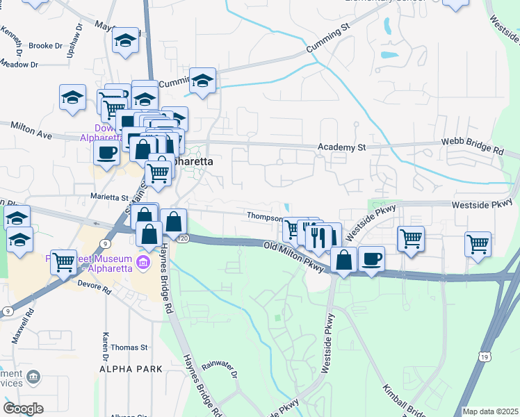 map of restaurants, bars, coffee shops, grocery stores, and more near 420 Banbury Crossing in Alpharetta