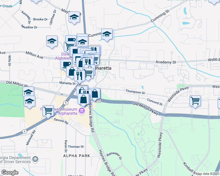 map of restaurants, bars, coffee shops, grocery stores, and more near 145 Alcovy Terrace in Alpharetta