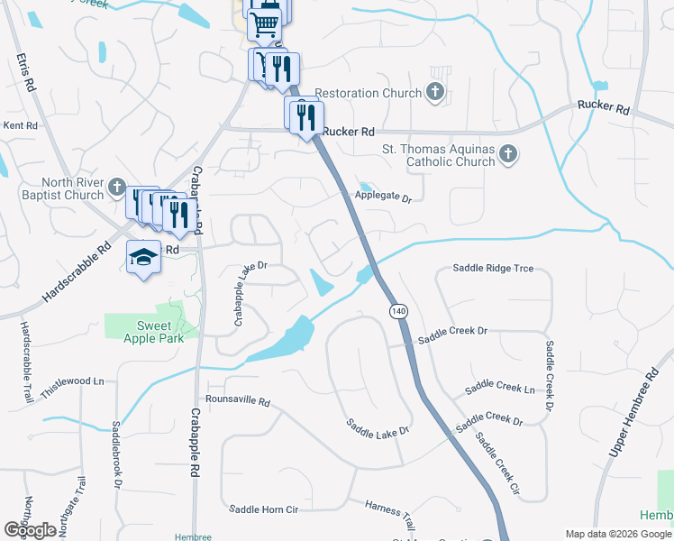 map of restaurants, bars, coffee shops, grocery stores, and more near 1275 Primrose Drive in Roswell