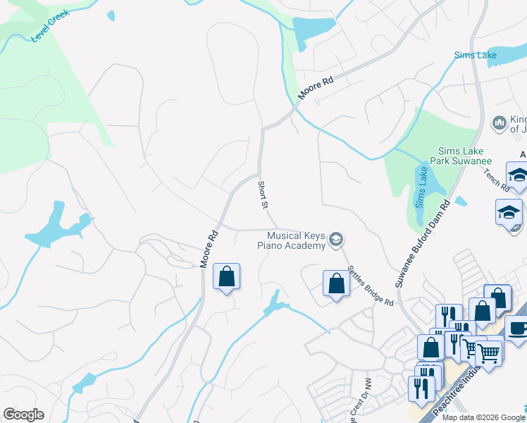 map of restaurants, bars, coffee shops, grocery stores, and more near 4815 Short Street in Suwanee