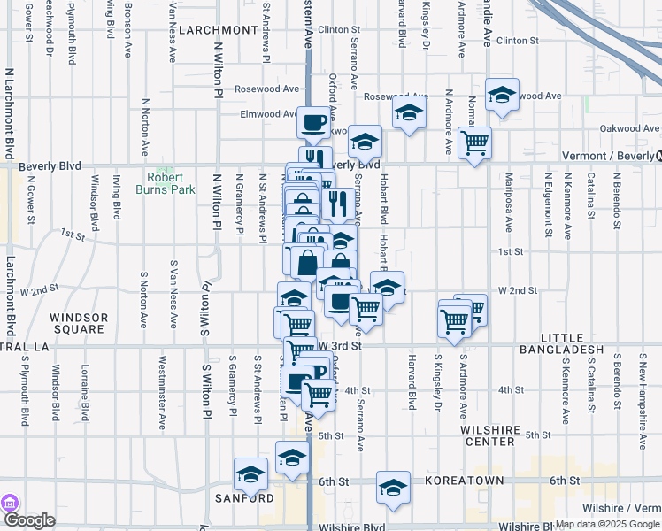 map of restaurants, bars, coffee shops, grocery stores, and more near 137 South Oxford Avenue in Los Angeles
