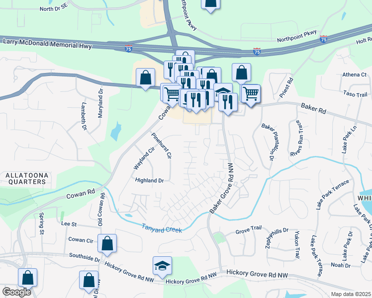 map of restaurants, bars, coffee shops, grocery stores, and more near 270 Windcroft Lane Northwest in Acworth