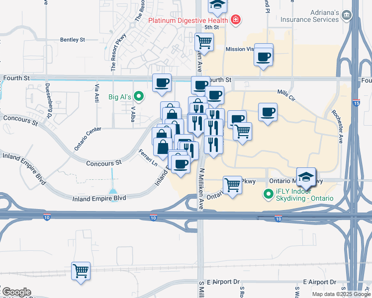 map of restaurants, bars, coffee shops, grocery stores, and more near 4261 Inland Empire Boulevard in Ontario